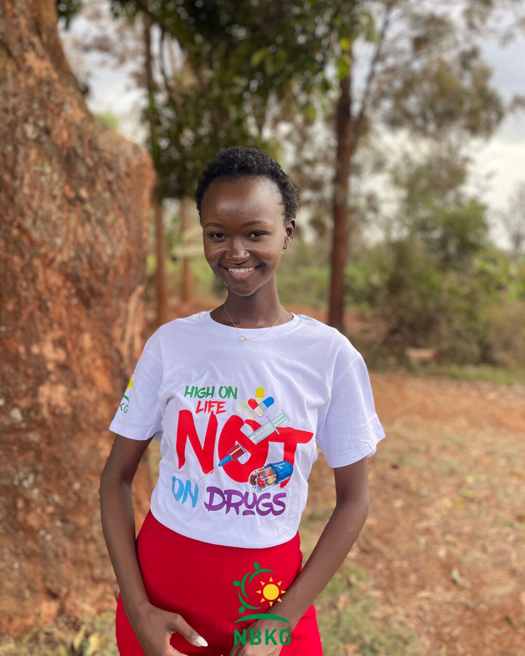 Beryl wearing a shirt that says high on life not on drugs